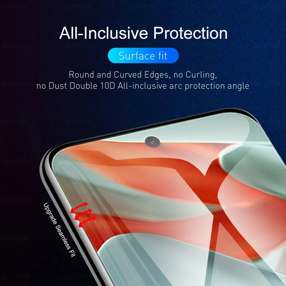 Close-up of a smartphone screen with a screen protector. Features include all-inclusive protection, surface fit, round edges, no dust, and a seamless fit with an arc protection angle.