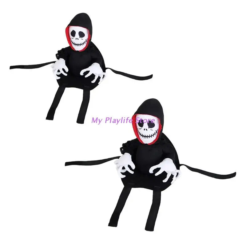 Two plush skeleton dolls in black hooded cloaks with white skull faces and hands. They have red-lined hoods and long, dangling legs and arms, set against a plain white background.