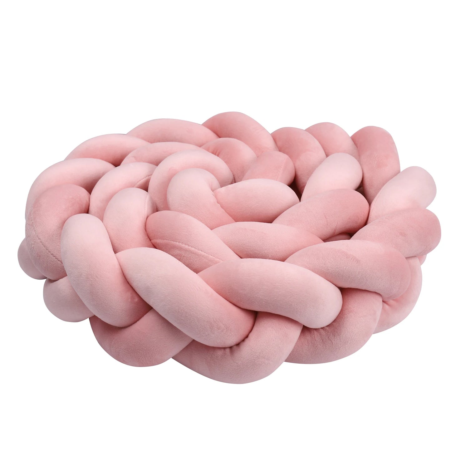 A plush, pink braided cushion with a soft texture, resembling a thick, intertwined rope, arranged in a circular shape on a white background.