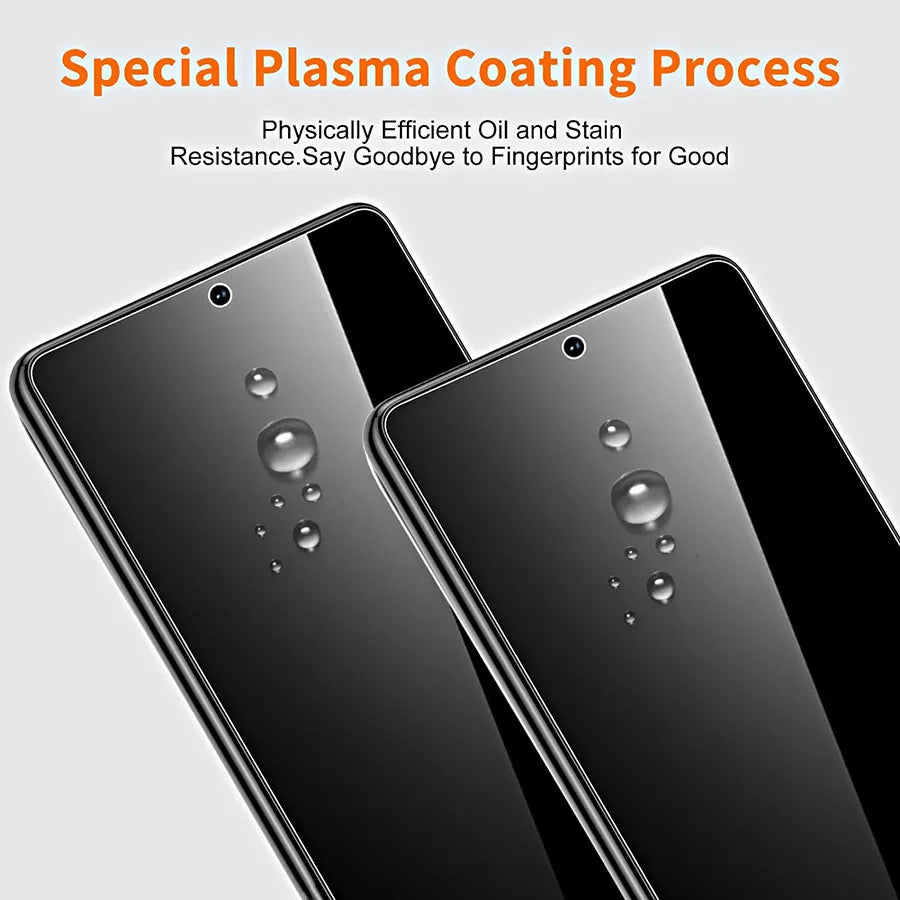 Two smartphones with water droplets on screens, demonstrating a special plasma coating process for oil and stain resistance. Text highlights fingerprint reduction benefits.