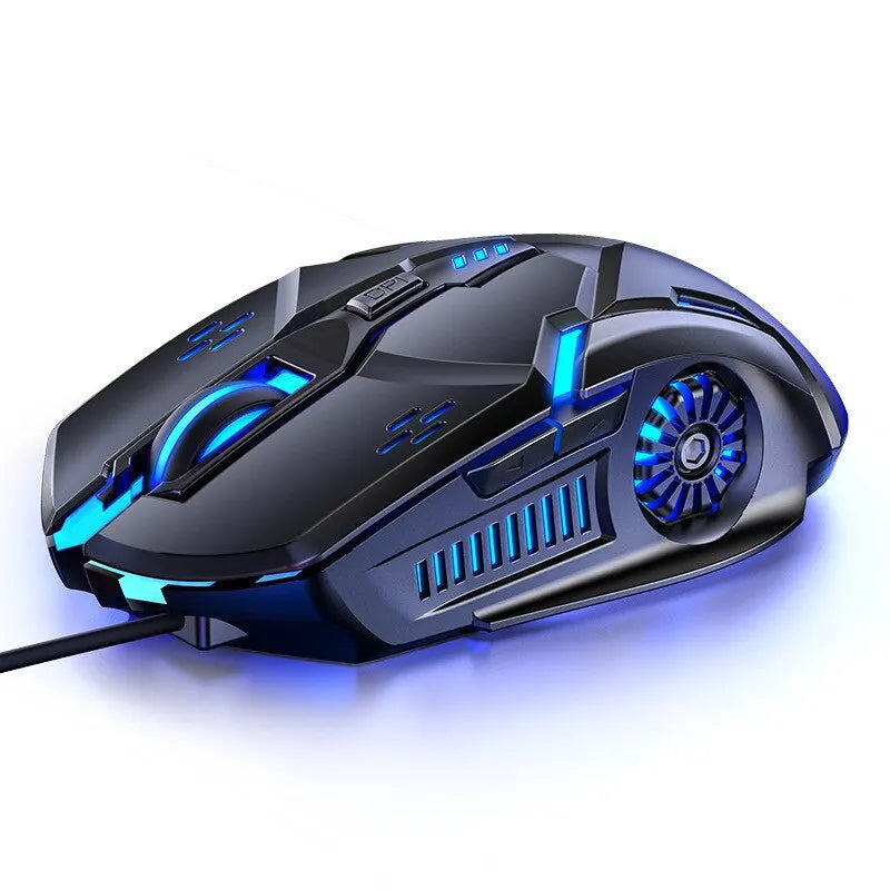 Futuristic black gaming mouse with blue LED lights, aerodynamic design, side buttons, and a visible internal fan. The USB cable is attached at the front.