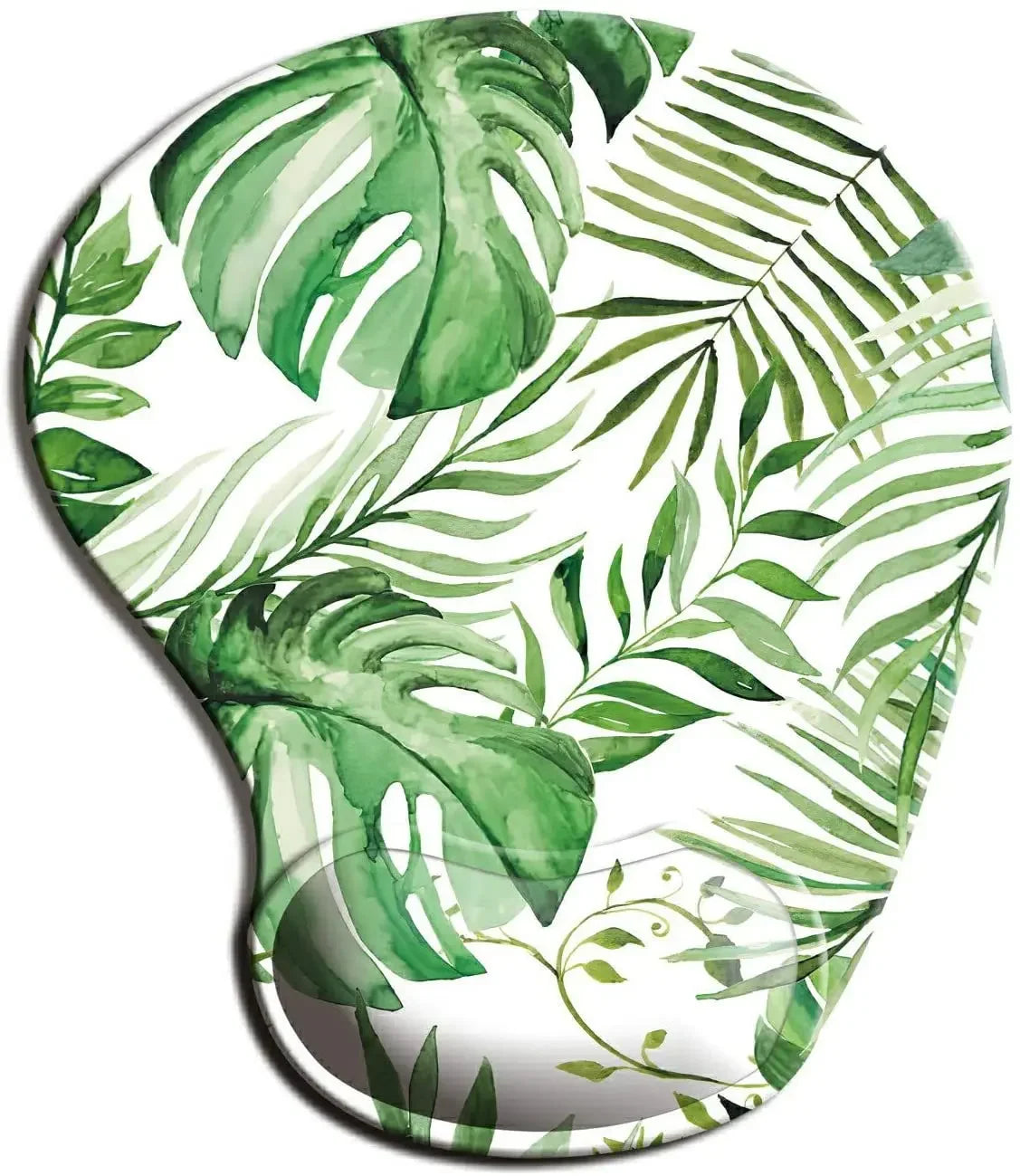 Mousepad with a tropical leaf pattern, featuring various shades of green monstera and fern leaves on a white background.