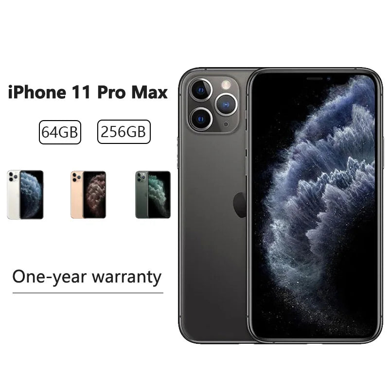iPhone 11 Pro Max with three color options displayed: white, gold, and green. Storage options include 64GB and 256GB. Features a one-year warranty.
