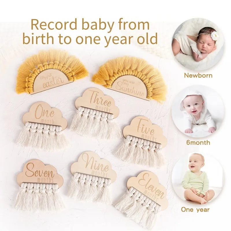 Wooden milestone markers with fringe, labeled from one to eleven months, surround baby photos at newborn, six months, and one year. Text: "Record baby from birth to one year old."