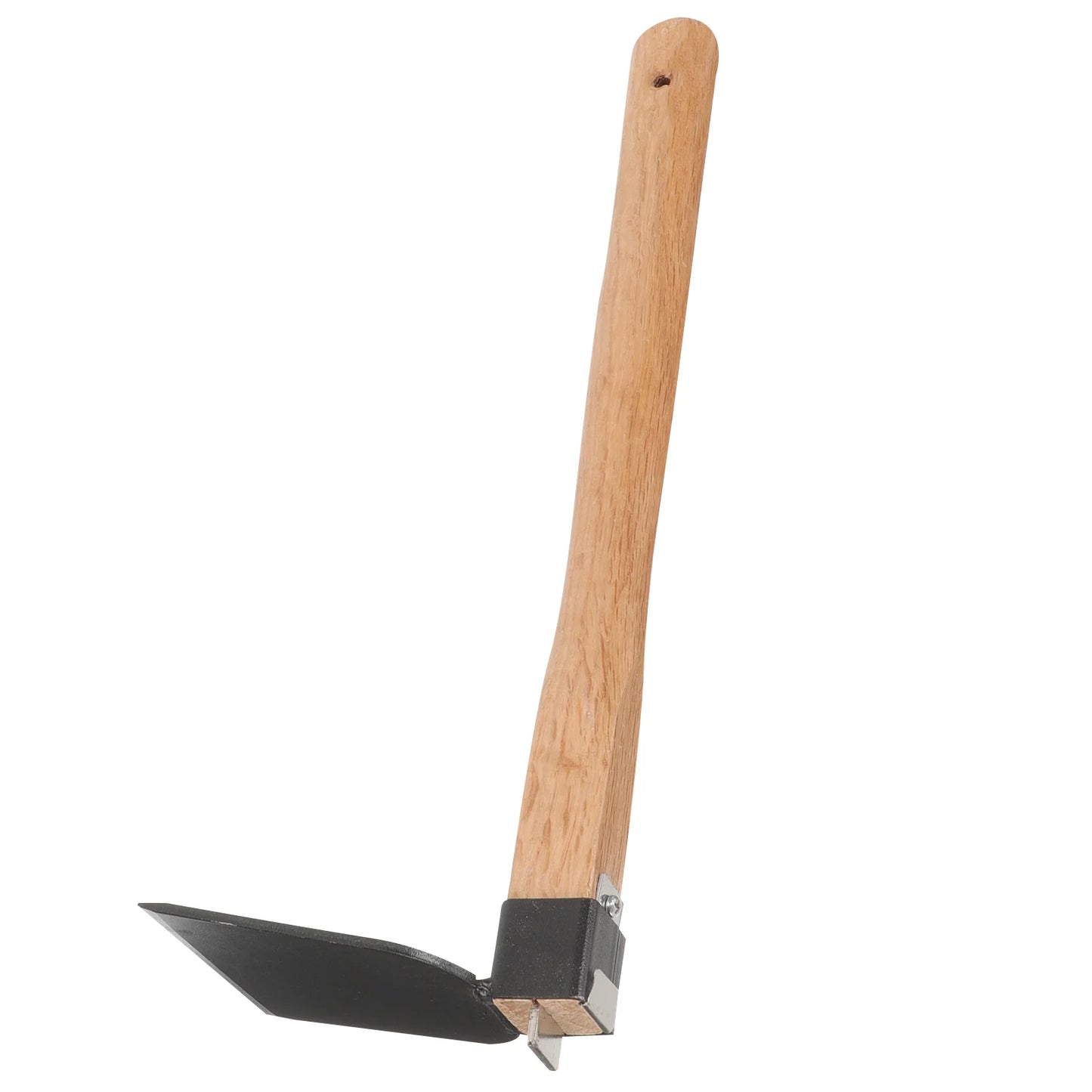 A gardening tool with a wooden handle and a metal blade angled at 90 degrees, designed for efficient soil cultivation and weed removal.