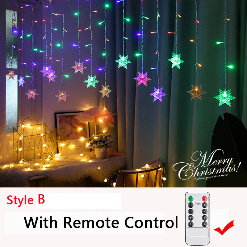 Hanging star-shaped fairy lights in various colors adorn a room with curtains, accompanied by a remote control for easy operation. A warm, festive ambiance is created.