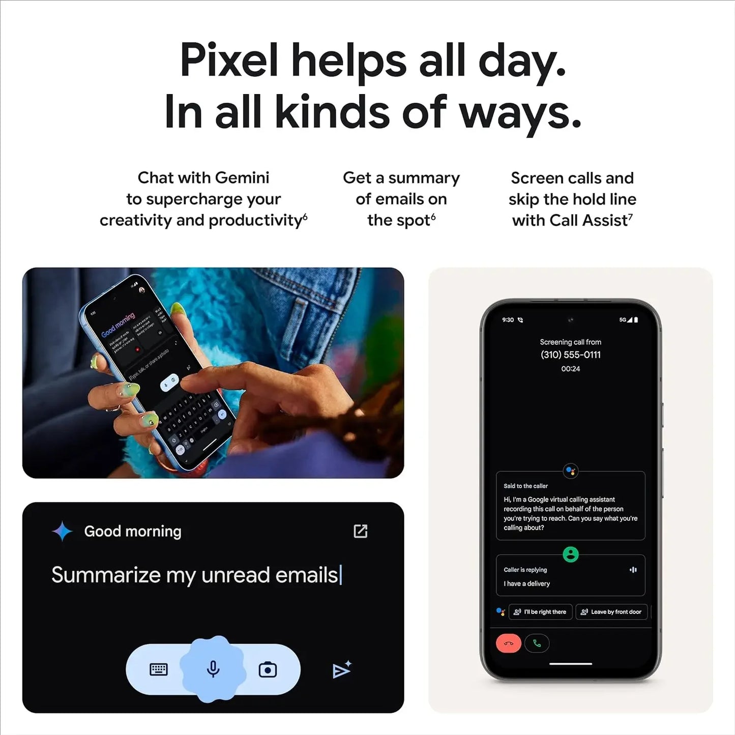 Graphic showing Pixel features: chat with AI for productivity, summarize emails, and screen calls. Includes images of a phone with a conversation and call screening interface.