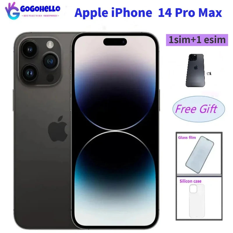 Apple iPhone 14 Pro Max shown with dual SIM capability. Includes free gifts: glass film and silicone case. Text reads "Gogohello" and "1 sim + 1 esim."