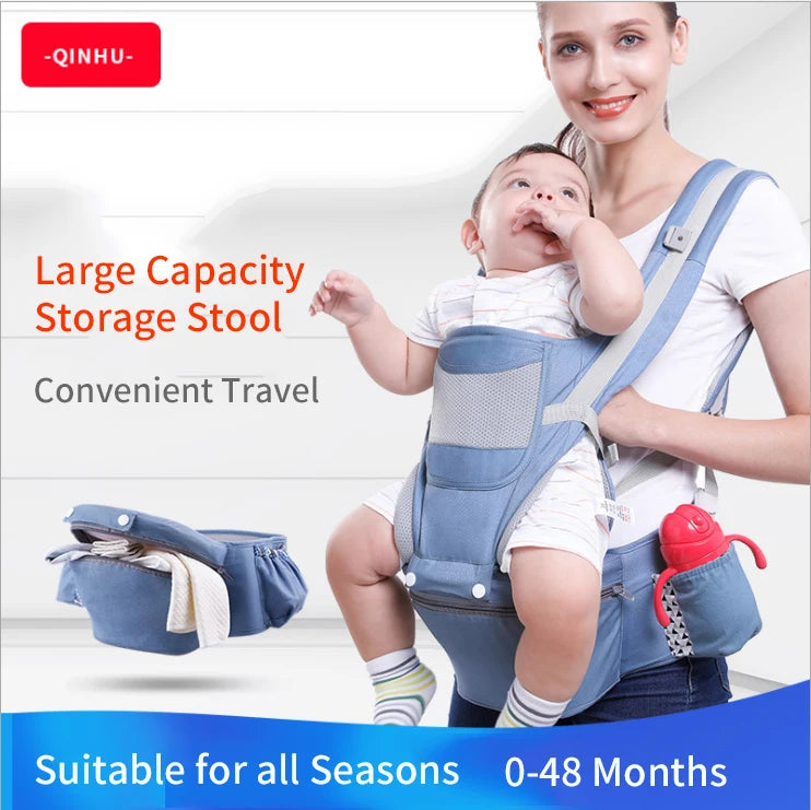 Woman carrying a baby in a blue harness with pockets and a bottle holder. Text highlights features: large capacity storage stool, convenient travel. Suitable for all seasons, age 0-48 months.