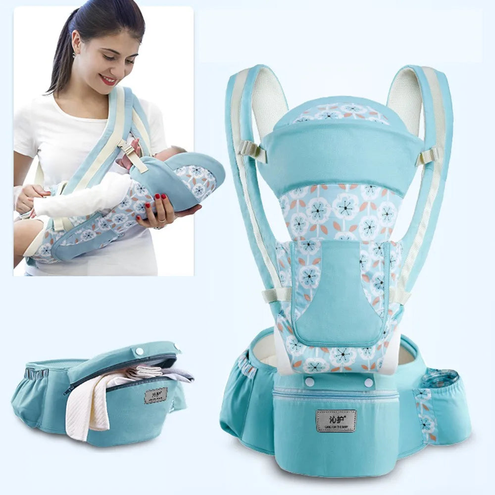 A woman smiles while using a blue floral baby carrier, shown in two configurations: a wrap-style and a hip seat with pockets, demonstrating its versatility and comfort.