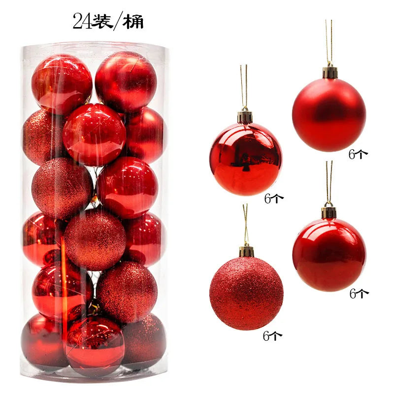 A clear plastic container holds 24 red Christmas ornaments, with a mix of glossy and glitter finishes. Four styles are shown separately, each design in a set of six.