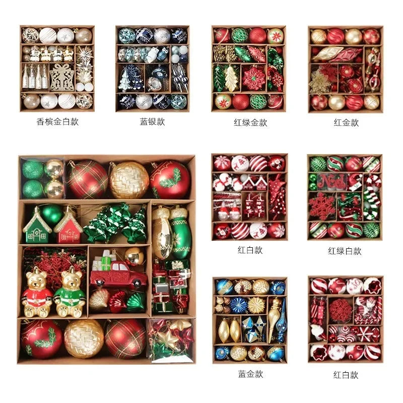 Various boxed sets of colorful Christmas ornaments including baubles, stars, and festive figurines in red, green, gold, blue, and silver.