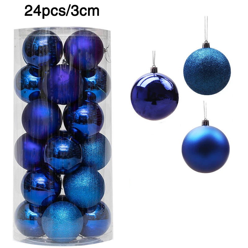 A pack of 24 blue Christmas ornaments, 3cm in size, featuring shiny and glittery finishes. Three individual ornaments are shown on the right for detail.