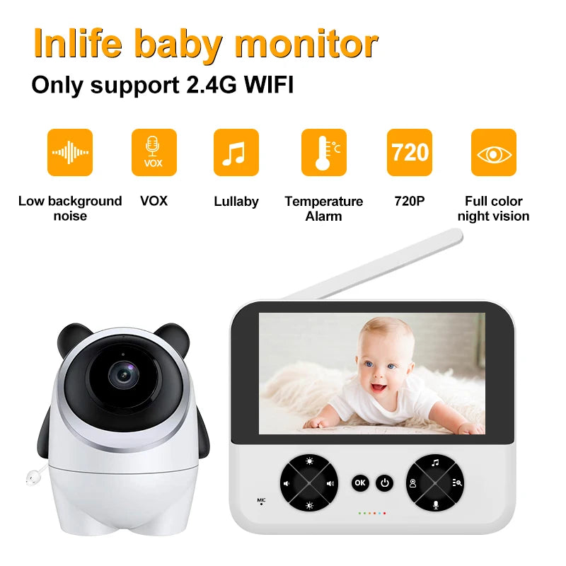 Inlife baby monitor with camera and screen. Features include 2.4G WiFi, low background noise, VOX, lullaby, temperature alarm, 720p resolution, and full-color night vision.