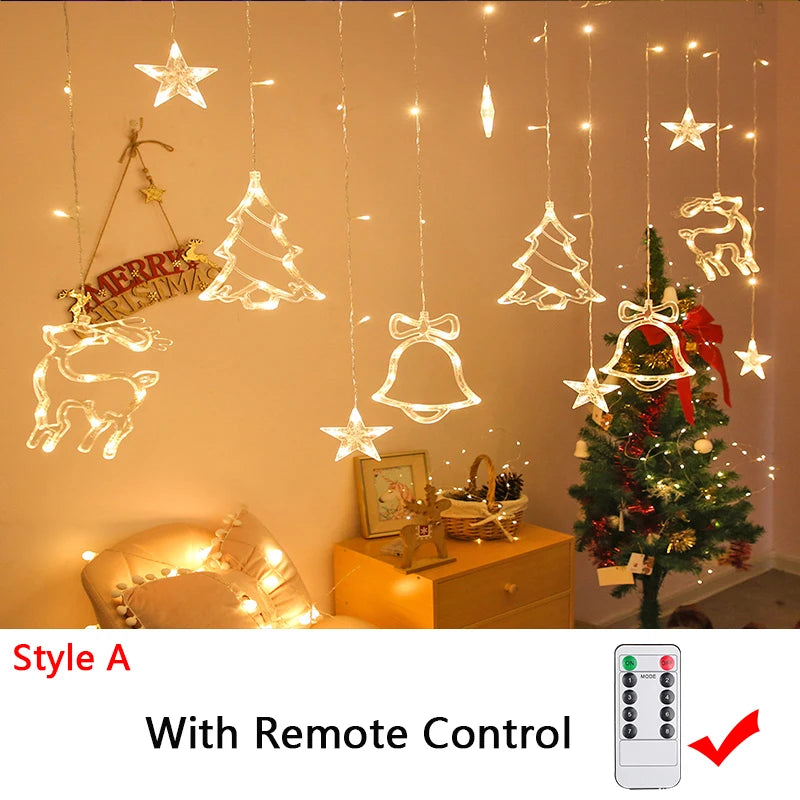 Cozy room with illuminated Christmas decorations, including stars, trees, bells, and reindeer. A decorated tree and "Merry Christmas" sign enhance the festive mood. Remote control included.