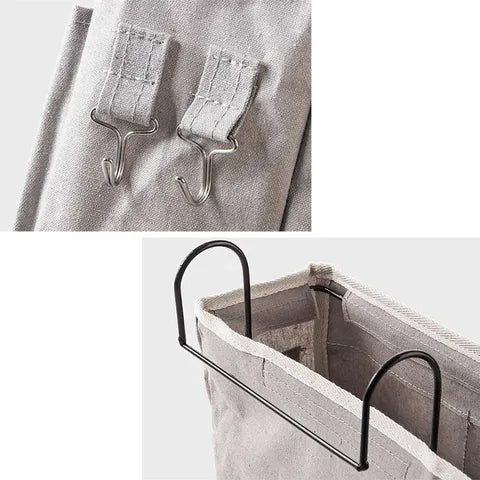 Gray hanging organizer with metal hooks and handles. The top image shows two hooks on the fabric, while the bottom image displays a sturdy frame supporting the open bag.