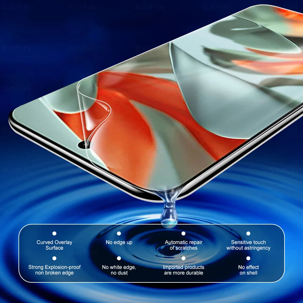 Close-up of a smartphone screen with a curved protective film, showcasing features like scratch repair, dust resistance, and durability. Droplet effect on a water-like surface.