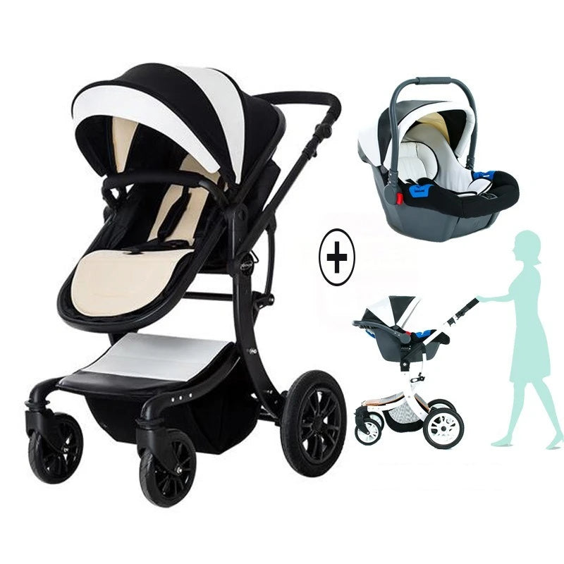 Black and white stroller with adjustable seating, a detachable car seat, and a silhouette illustration showing usage. Includes a large storage basket underneath.