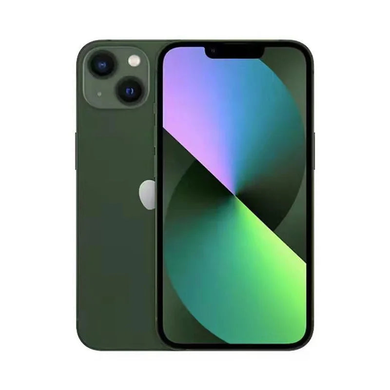 Green smartphone with dual rear cameras and a vivid display showing a colorful gradient design. The back panel features an apple logo.