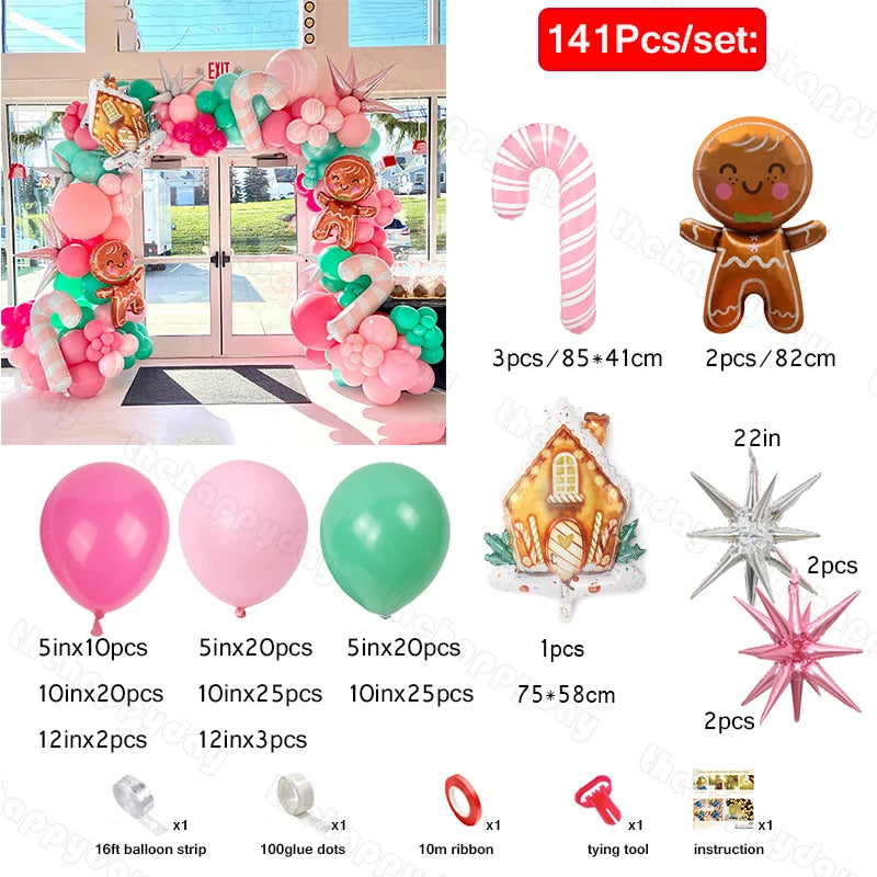 Balloon arch set with gingerbread and candy cane designs includes pink, green, and metallic balloons, star shapes, gingerbread house, 141 pieces total, with assembly tools.
