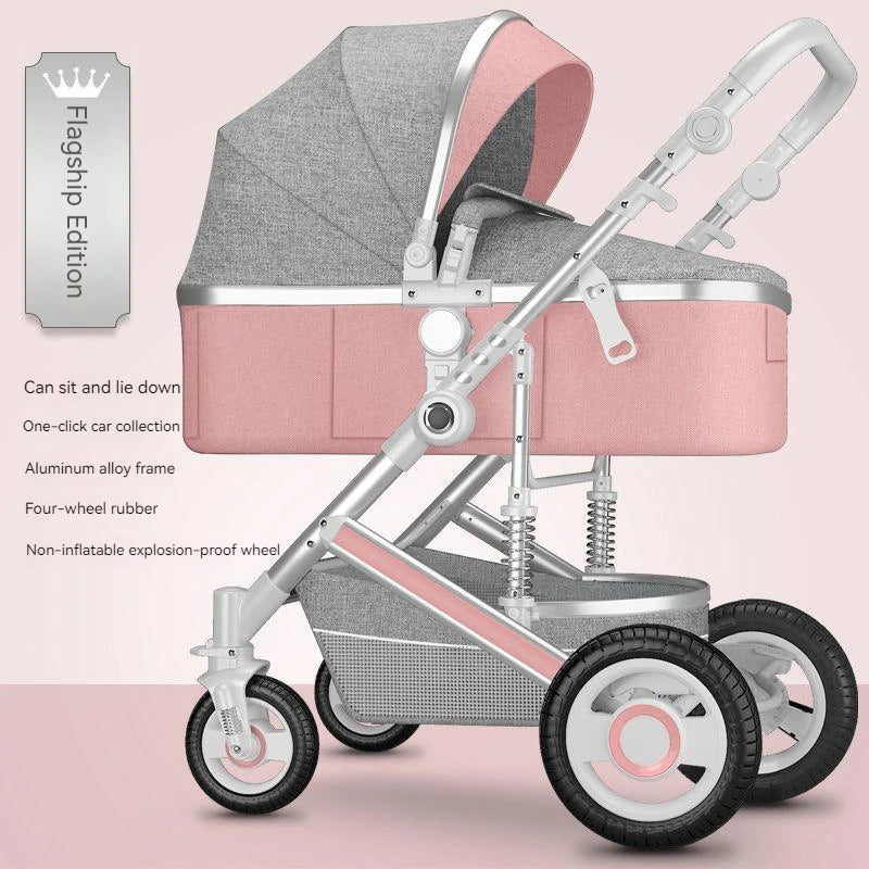 Pink and gray baby stroller with canopy, aluminum alloy frame, and non-inflatable rubber wheels. Features include sit-lie positions and one-click car collection.