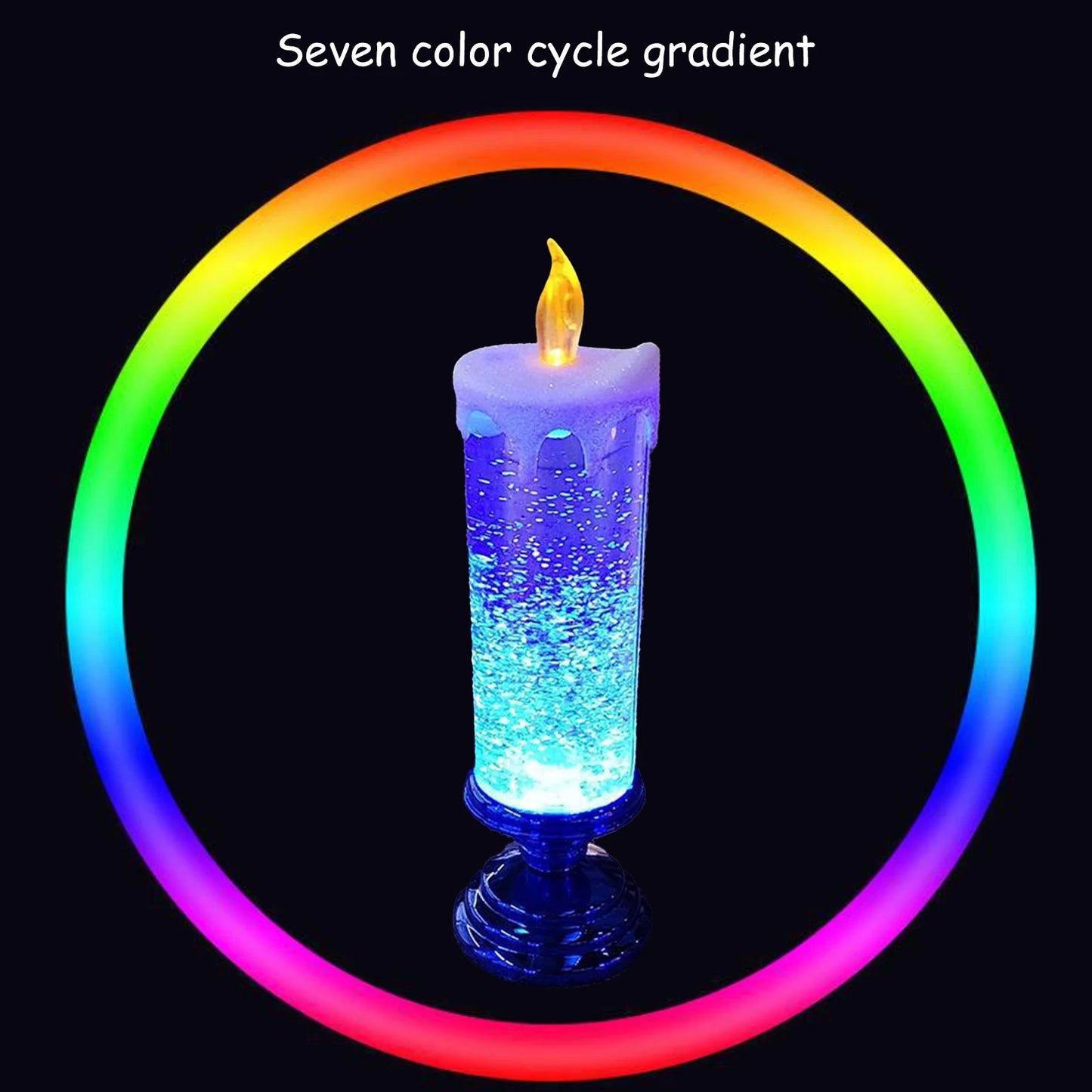 Glowing decorative candle with bubbling liquid, changing colors within a rainbow gradient circle. A small flame-like tip adds a realistic touch. Text reads "Seven color cycle gradient."
