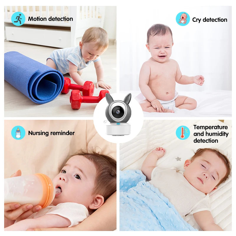 Four images of babies: crawling, crying, bottle-feeding, and sleeping. Icons highlight features of a baby monitor: motion, cry, nursing, and temperature detection.