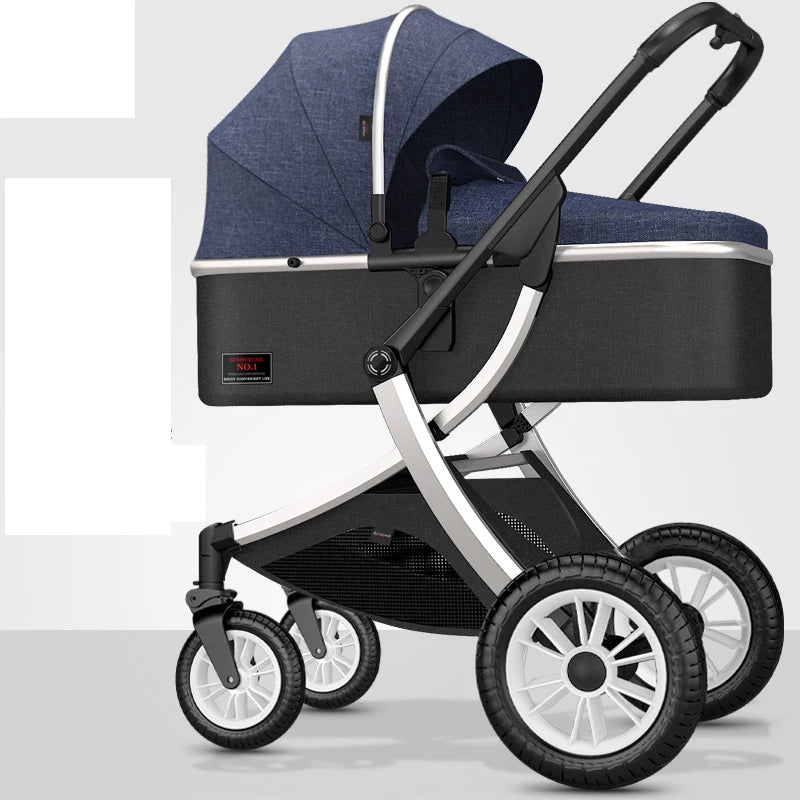 Stylish baby stroller with a navy blue canopy and black base, featuring a modern design and sturdy wheels, set against a neutral background.