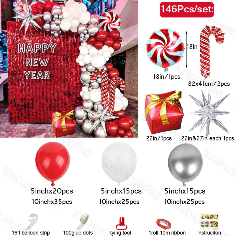 New Year photo booth set with red, white, and silver balloons, stars, and candy designs. Includes a red backdrop with "Happy New Year," gift box, and star decoration. 146 pieces total.