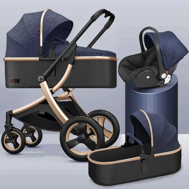 A stylish baby stroller set with a sleek, dark frame and gold accents, featuring a blue canopy. Includes a removable bassinet and a car seat on a pedestal.