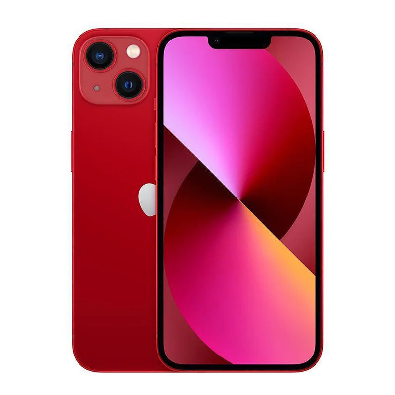 Red smartphone with dual rear cameras and a vibrant screen. The front display shows a red and pink geometric design, while the back features a white logo below the cameras.