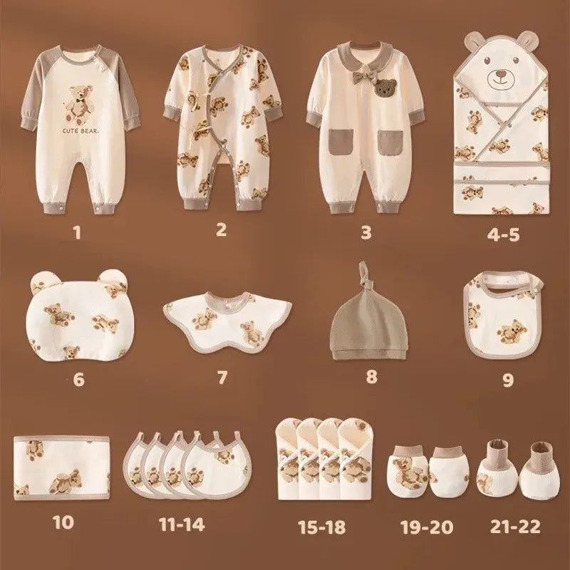 Baby clothing set featuring bear patterns, includes rompers, a hooded towel, bibs, hat, mittens, socks, and washcloths on a brown background, labeled 1 to 22.