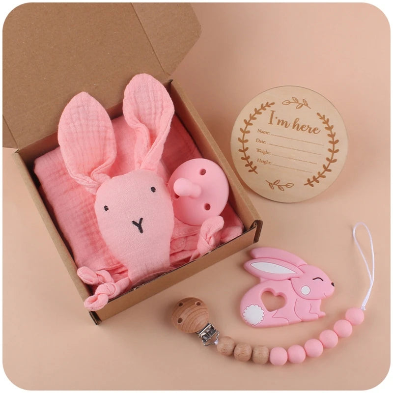Pink baby gift set includes a plush bunny toy, wooden birth announcement disc, pacifier clip, and teether in a rabbit shape, all presented in a simple brown box.