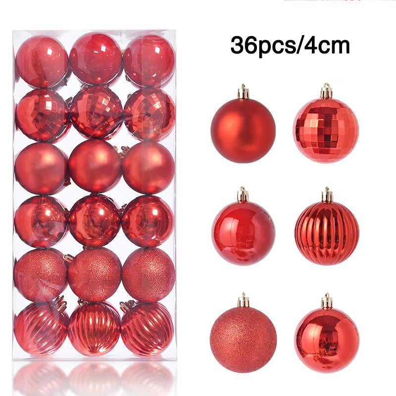 Box of 36 red Christmas ornaments with shiny, matte, glitter, and faceted textures. Each bauble is 4cm. Various finishes displayed alongside the box.