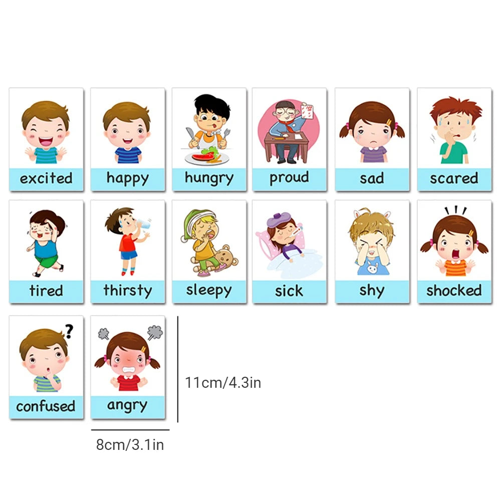 Illustration of children's emotions: excited, happy, hungry, proud, sad, scared, tired, thirsty, sleepy, sick, shy, shocked, confused, and angry, with size labels.