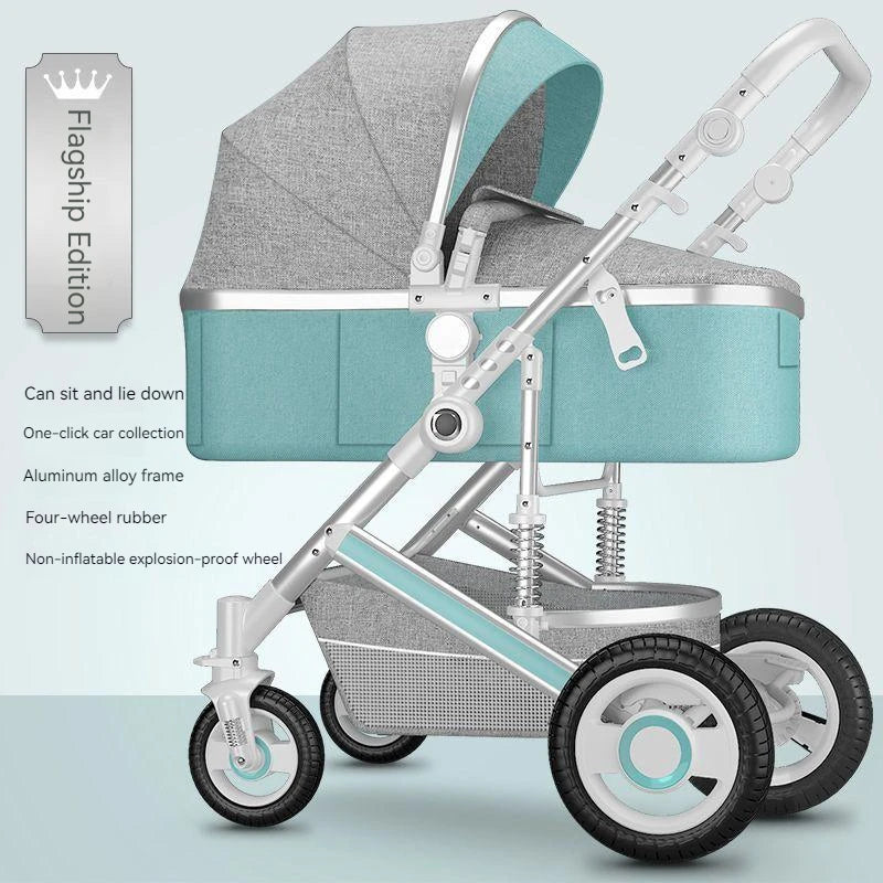 Modern baby stroller with turquoise and gray design features a reclining seat, one-click folding, aluminum frame, rubber wheels, and explosion-proof tires. Flagship Edition label.