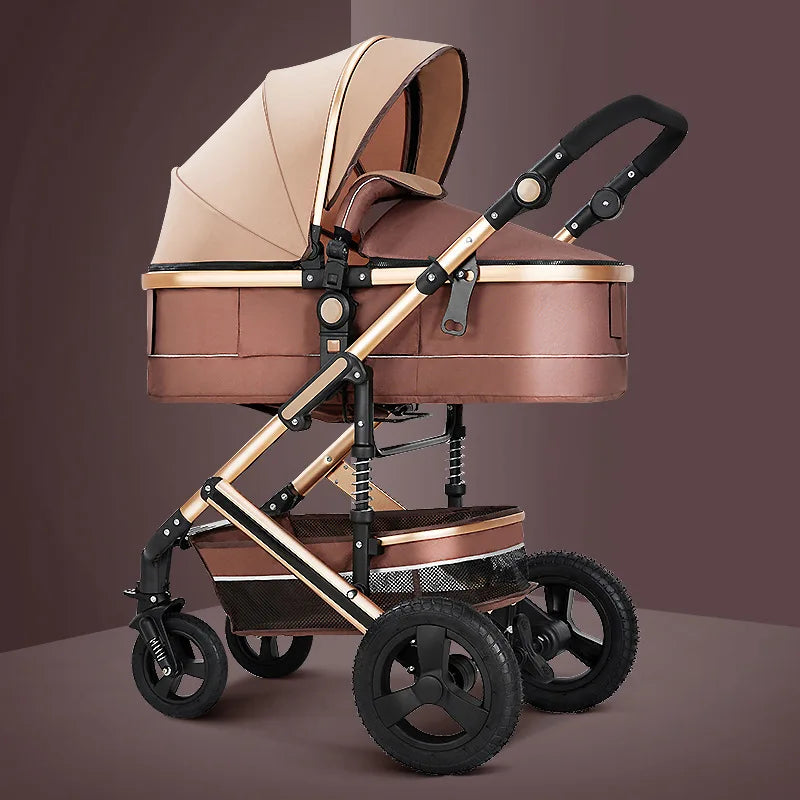 Elegant brown baby stroller with a beige canopy, adjustable handlebar, large wheels, and a sturdy base, set against a matching brown background.