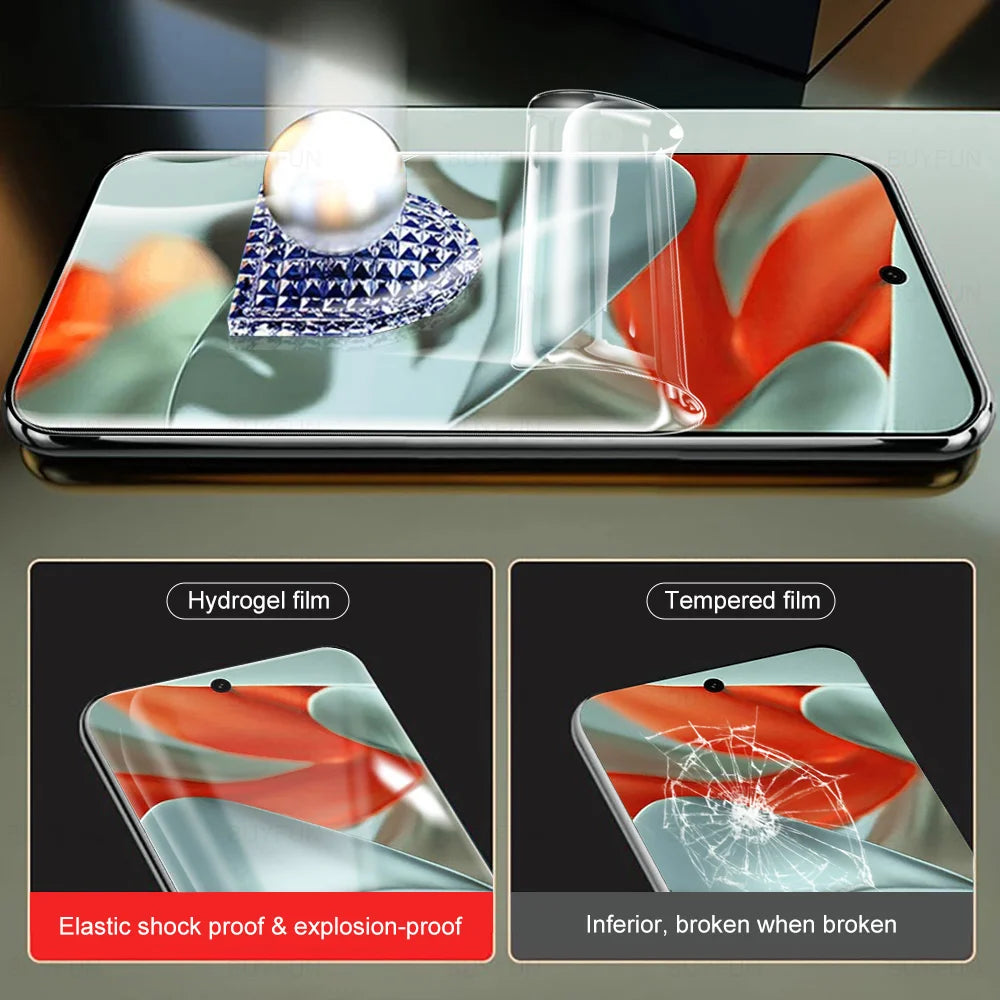 Hydrogel screen protector on phone shows durability against a metal sphere; lower boxes compare it with cracked tempered film, highlighting elasticity and shock resistance.
