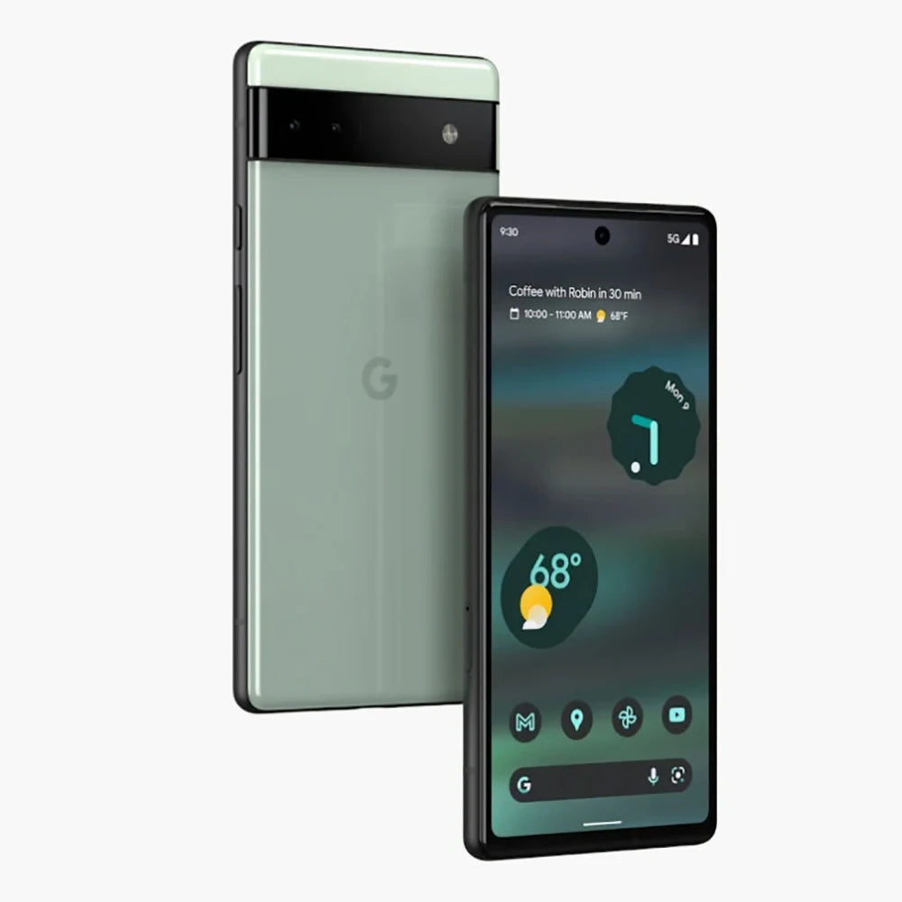 Two smartphones displayed: one showing a home screen with a weather widget and appointment reminder, the other highlights the back design. Both feature a dual-tone color and camera bar.