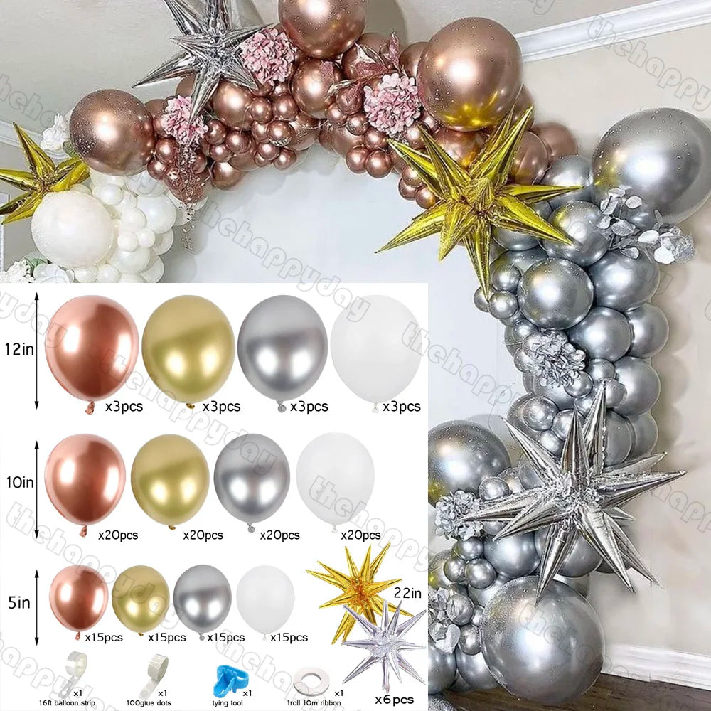 Balloon arch with metallic colors including rose gold, silver, and gold stars. A variety of balloon sizes and colors is shown with quantities for decoration planning.