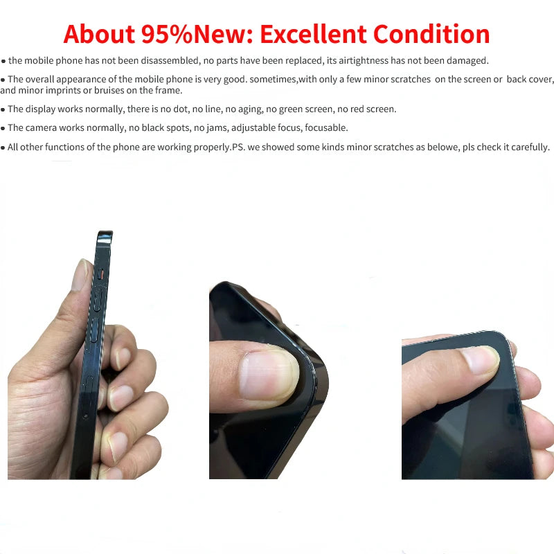 Two hands holding a black smartphone from different angles, showing its side and corner. Text above describes the phone as 95% new with minor scratches, excellent condition.