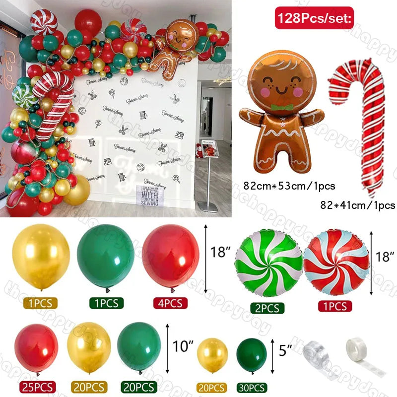 Balloon arch with gingerbread and candy cane balloons, gold, red, and green balloons in various sizes, shown in package set of 128 pieces for festive decoration.