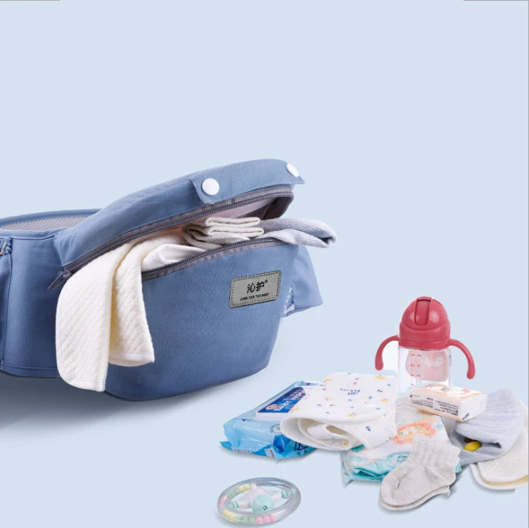 A blue diaper bag with a zipper open, revealing clothes inside. Next to it are baby essentials including a water bottle, socks, a pacifier, wipes, and diapers on a light blue background.