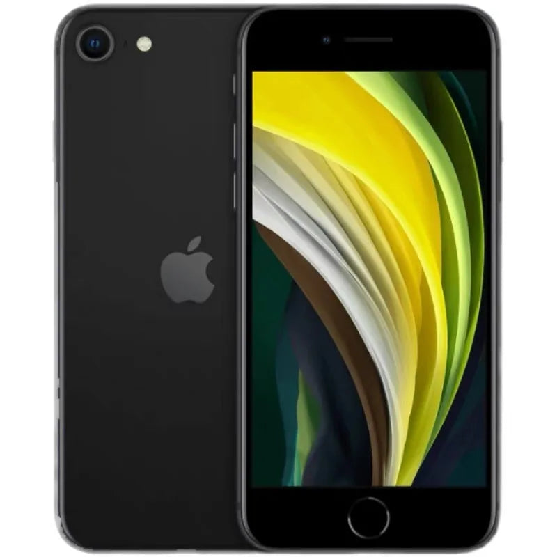 Black smartphone front and back view, displaying a colorful abstract screen design. The back features a single camera and the Apple logo.