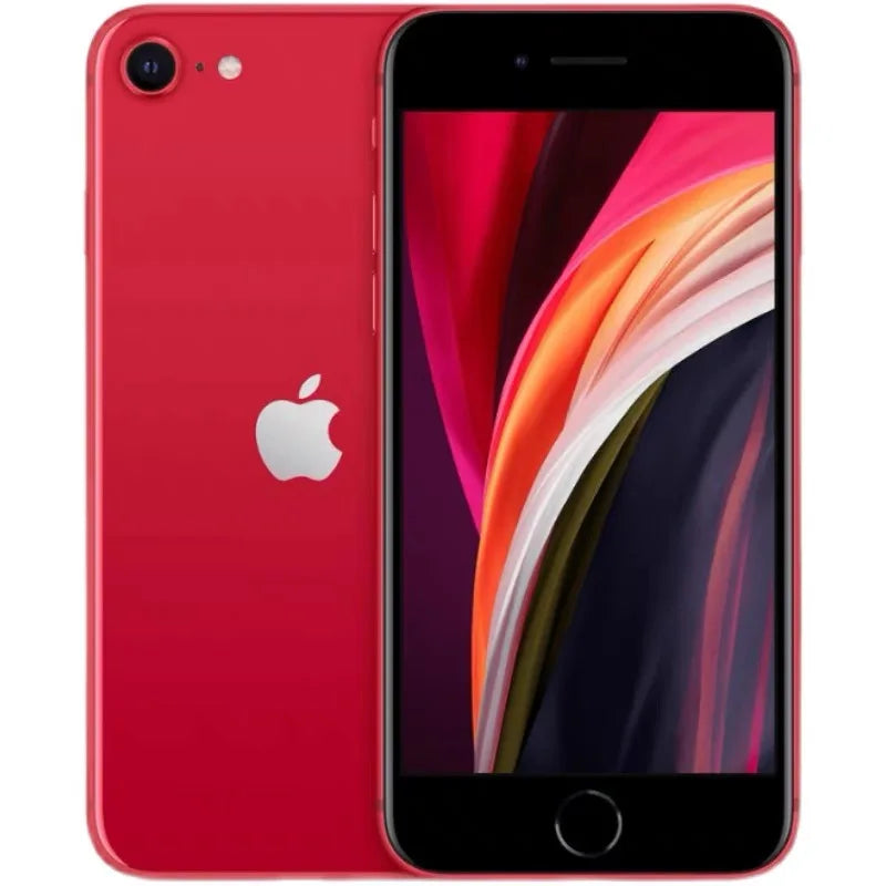 Red smartphone featuring a sleek design with a prominent Apple logo on the back. The screen displays vibrant abstract colors.