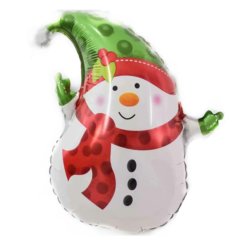 Cartoonish snowman balloon with a green polka-dotted hat, red polka-dotted scarf, smiling face, orange nose, and green mittens, designed for festive decoration.