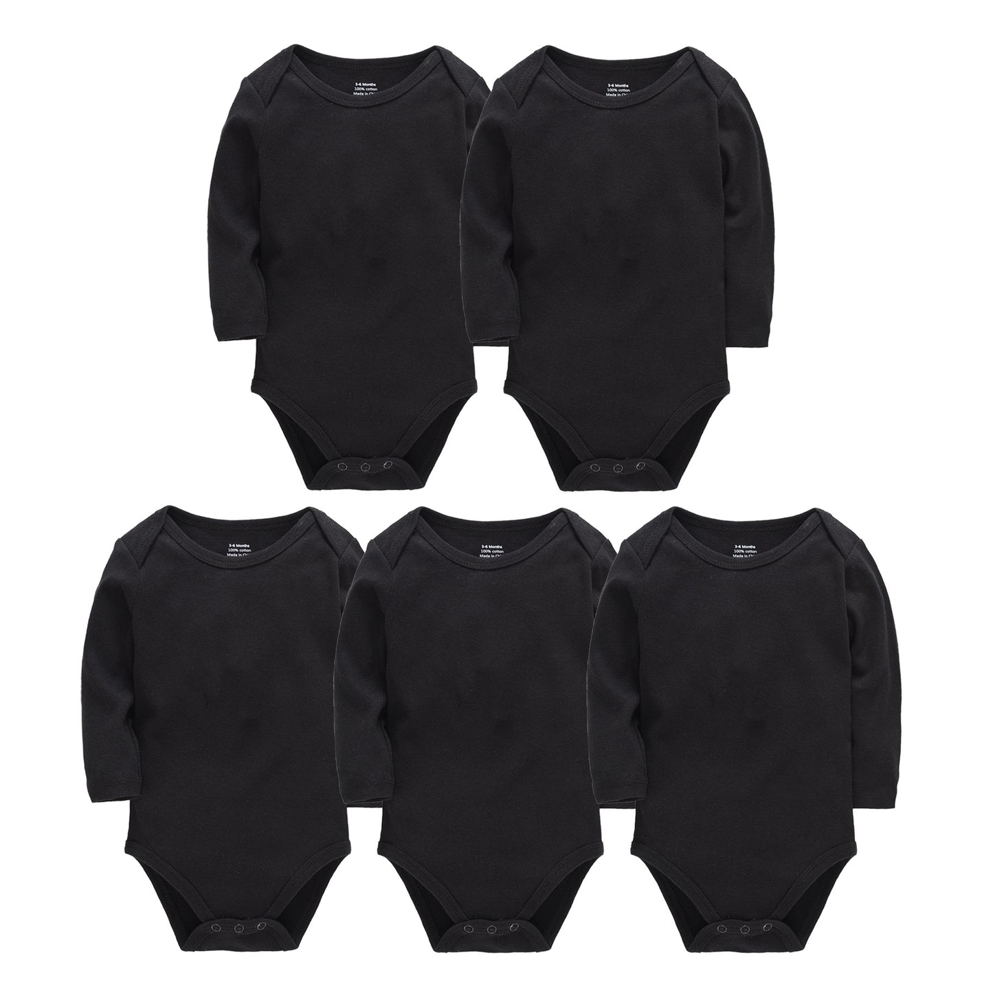 Five black long-sleeve baby onesies arranged in a symmetrical pattern. Each has a round neck and snap closures at the bottom for easy dressing.