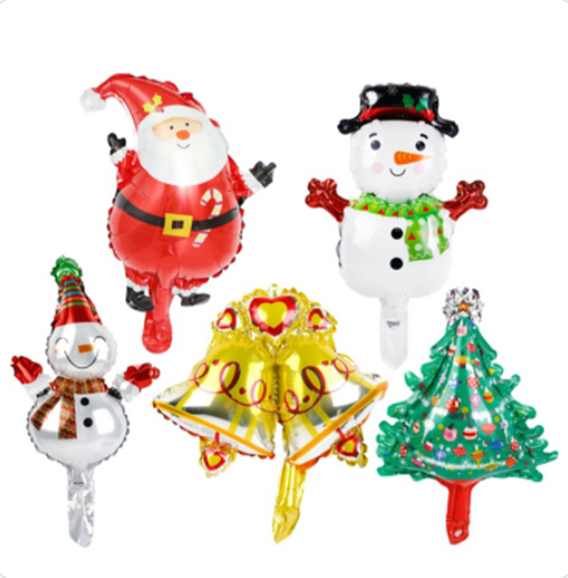 Five festive foil balloons featuring Santa, two snowmen, golden bells, and a Christmas tree with decorations, set against a plain white background.