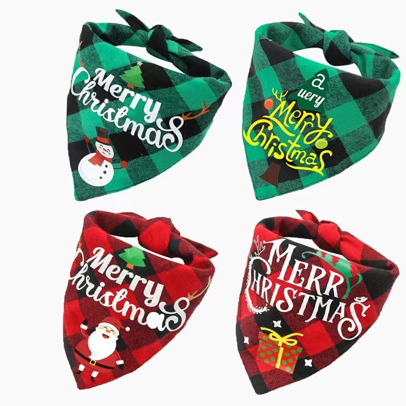 Four plaid Christmas bandanas in red and green with festive designs: a snowman, reindeer antlers, Santa Claus, and a gift box, each displaying "Merry Christmas" text.
