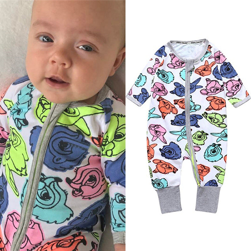 A baby wearing a colorful, floral-patterned onesie smiles on the left; the same onesie is shown separately on the right, highlighting its bright design and zippered front.